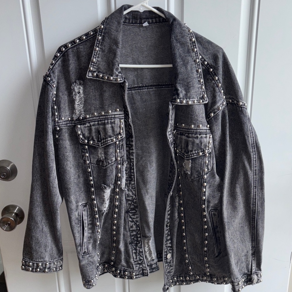 Studded Distressed Black Denim Jacket